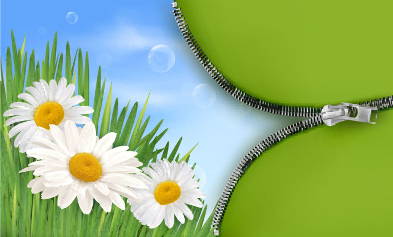 自然背景与春天的花朵和开放的拉链-矢量插图