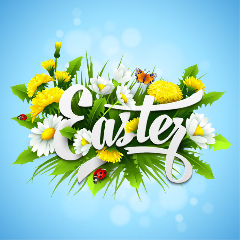 标题复活节与春天的花-矢量图EPS10
