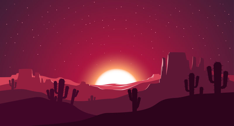 创意矢量日落时分的沙漠景观插图