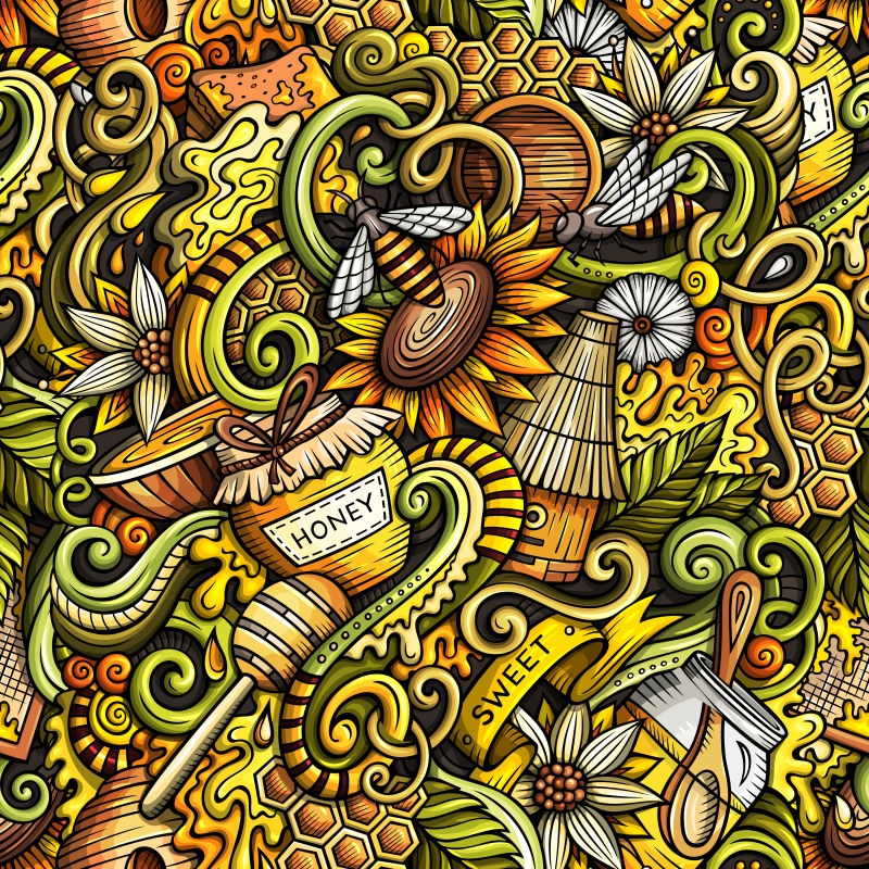 抽象矢量手绘蜂蜜元素的设计涂鸦背景