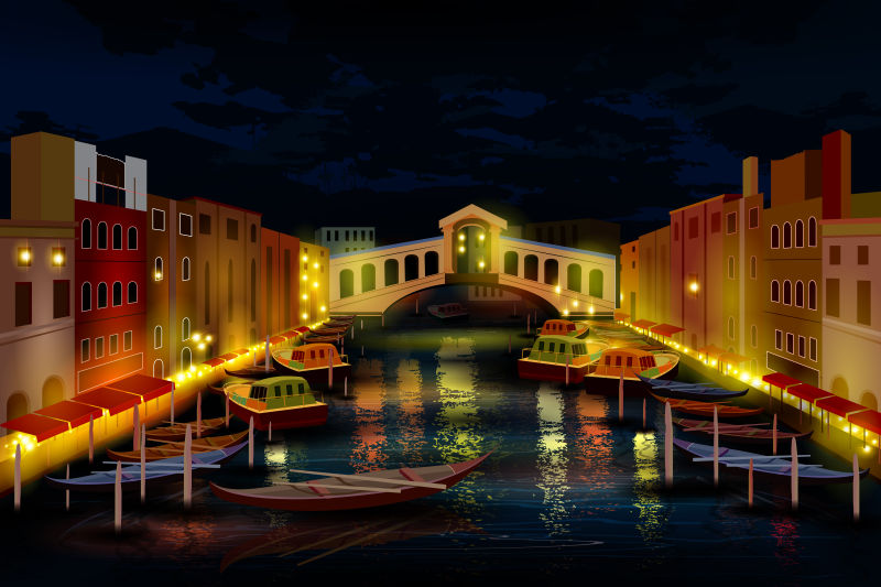 矢量威尼斯城市夜景