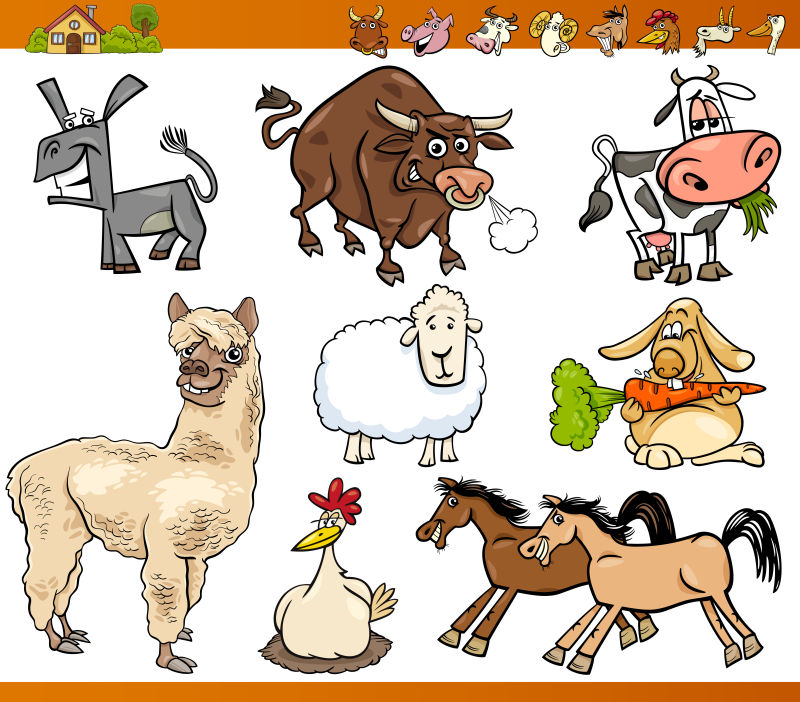 卡通农场动物矢量创意插图