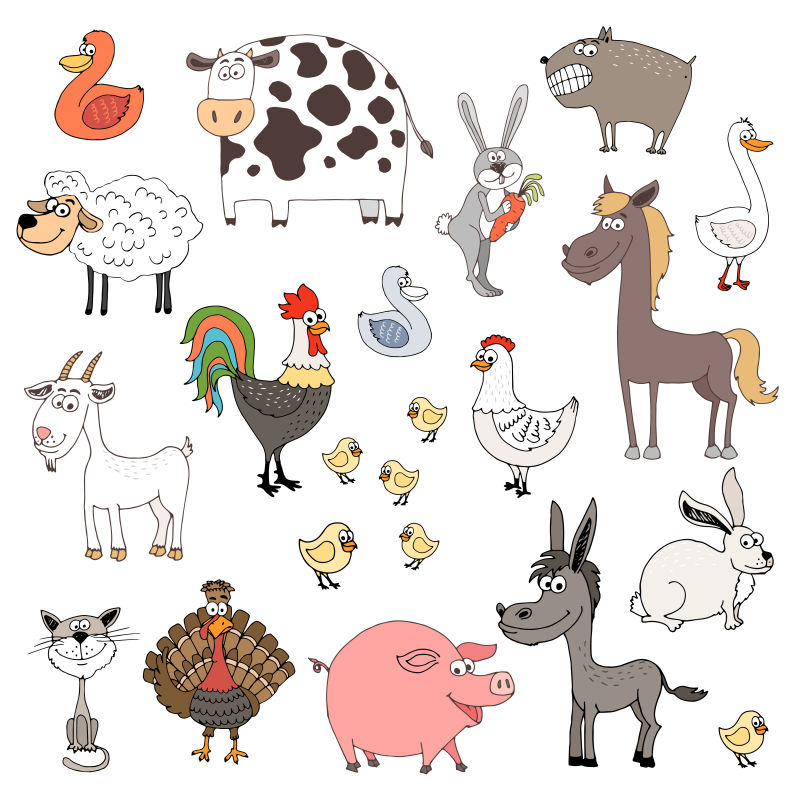 抽象矢量手绘农场动物插图