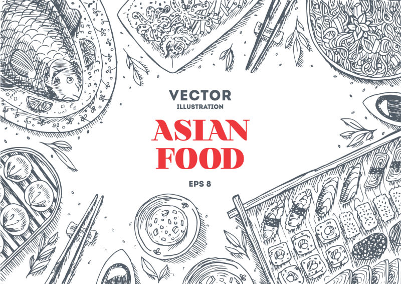 亚洲食品框架-线性图形-矢量图解