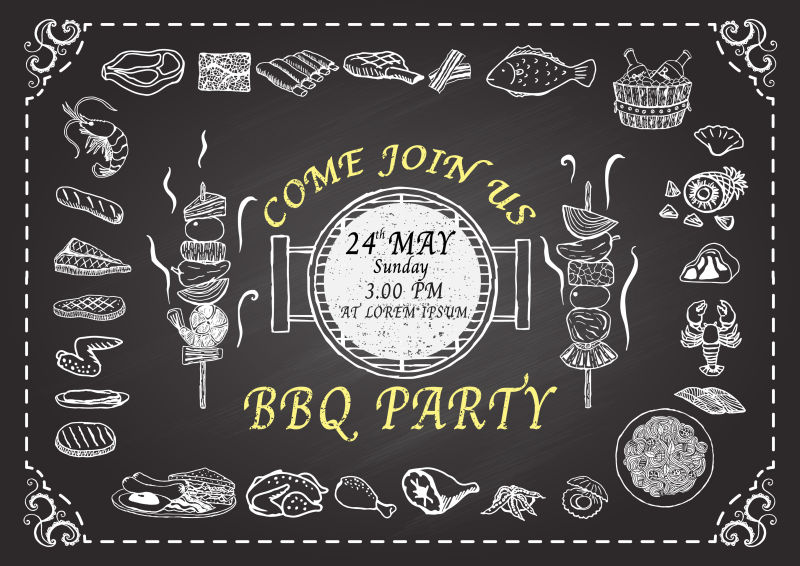 烧烤聚会邀请-粉笔板上的手工肉-餐厅菜单设计模板