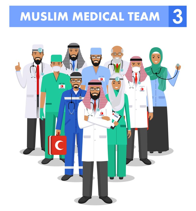 矢量专业穆斯林医疗团队设计