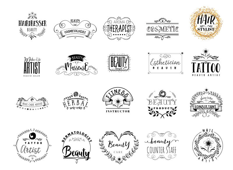 美容行业的徽章专业贴纸邮票标志-设计手工制作用花卉元素书法和文字