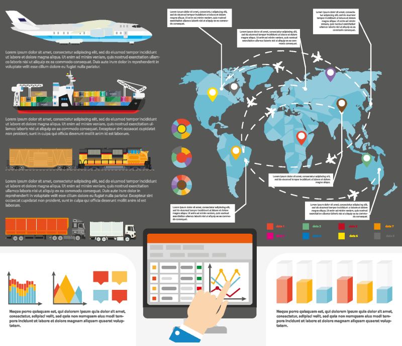 国际或世界货物运输的物流信息图表-用图表和流程图绘制世界地图和航运货物和运输路线的矢量平板模板