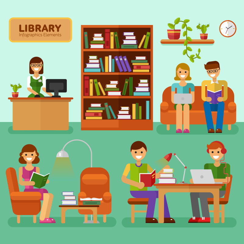 平面设计矢量图书室-有男孩女孩看书-室内-大书柜-台灯-书架-图书馆信息图表储备元素-学习-网站教育理念