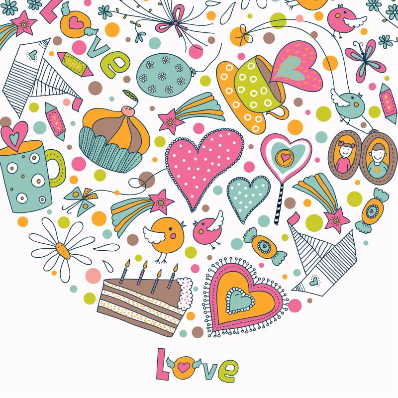 情人节-围绕主题-心-花-蝴蝶-鸟-礼物-爱-心-吻-蛋糕-星-卡通矢量图