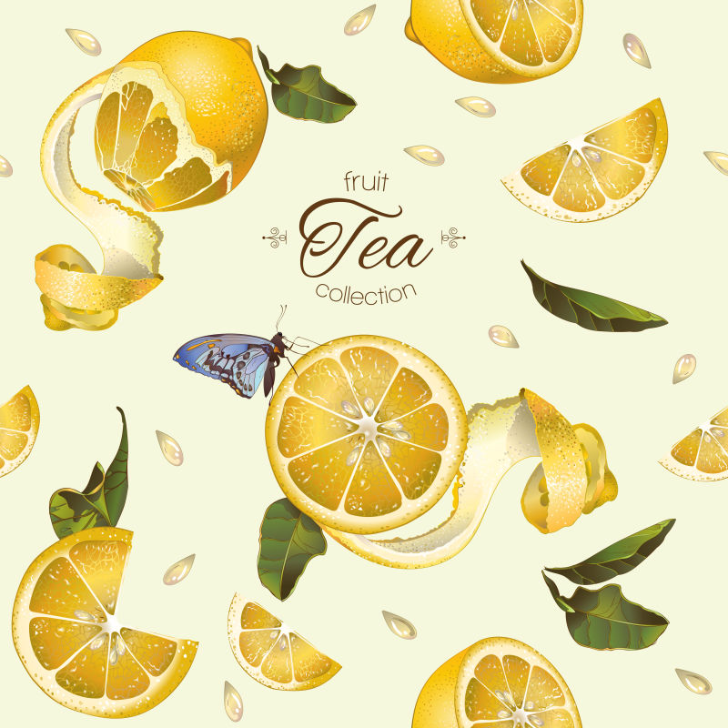 矢量水果茶无缝图案与柠檬和蝴蝶背景设计果汁茶化妆品杂货保健产品最适合织物纺织品包装纸