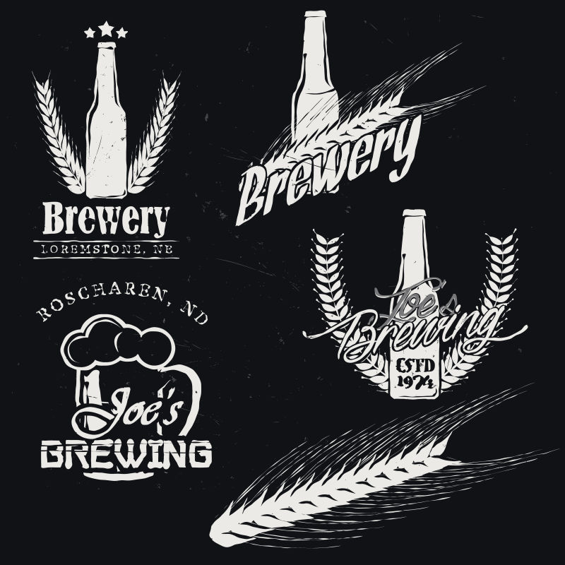 酿造啤酒（酿造）标签工艺啤酒徽章徽章图标在黑暗背景下的标志类型详细的酿酒麦芽矢量插图