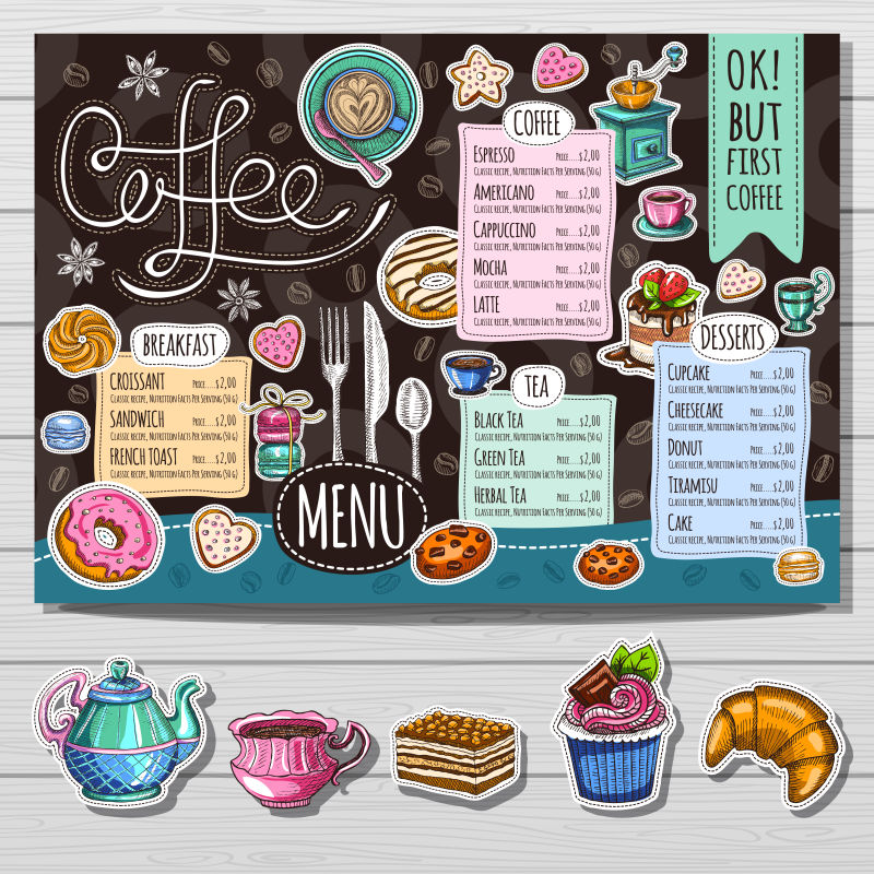 抽象矢量现代手绘咖啡主题菜单设计