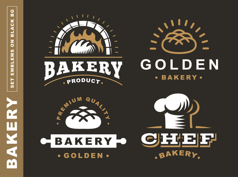 设置面包标志-矢量插图黑色背景下的面包店徽