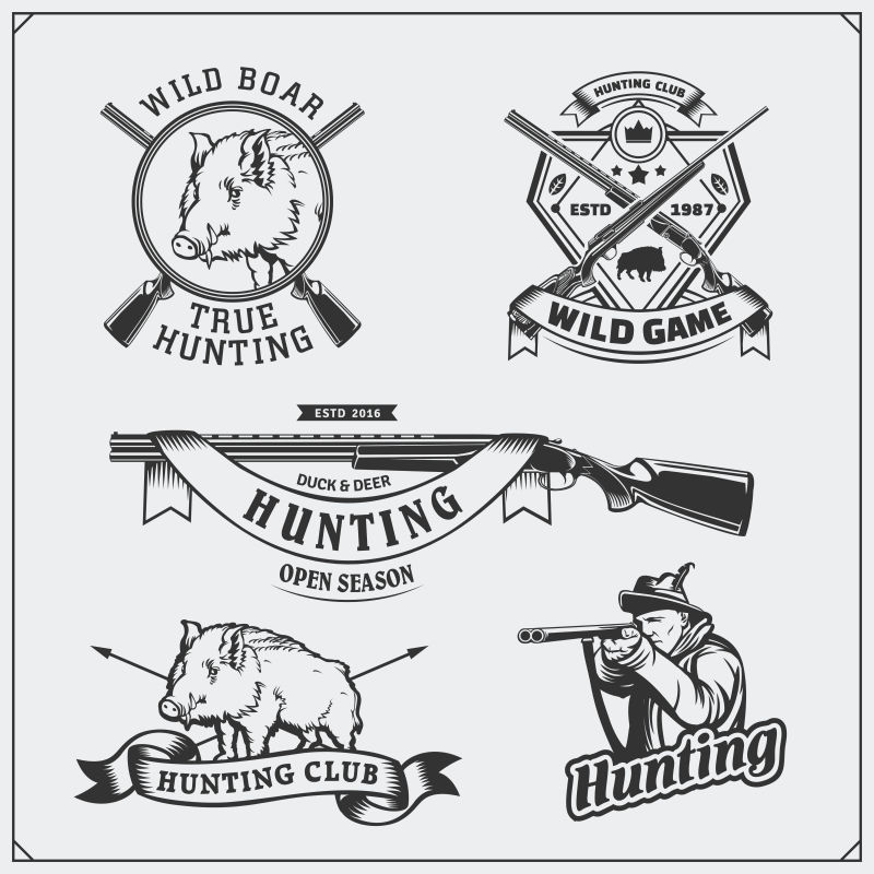 一套老式狩猎野猪标签徽章徽章和设计元素