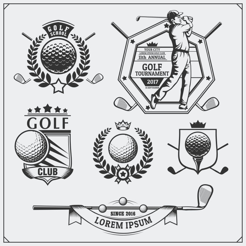 一套老式高尔夫标签徽章徽章和设计元素单色设计