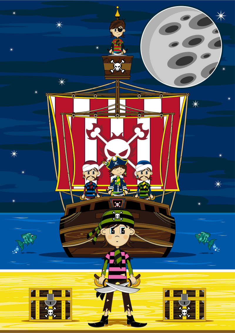 可爱的卡通海盗和船
