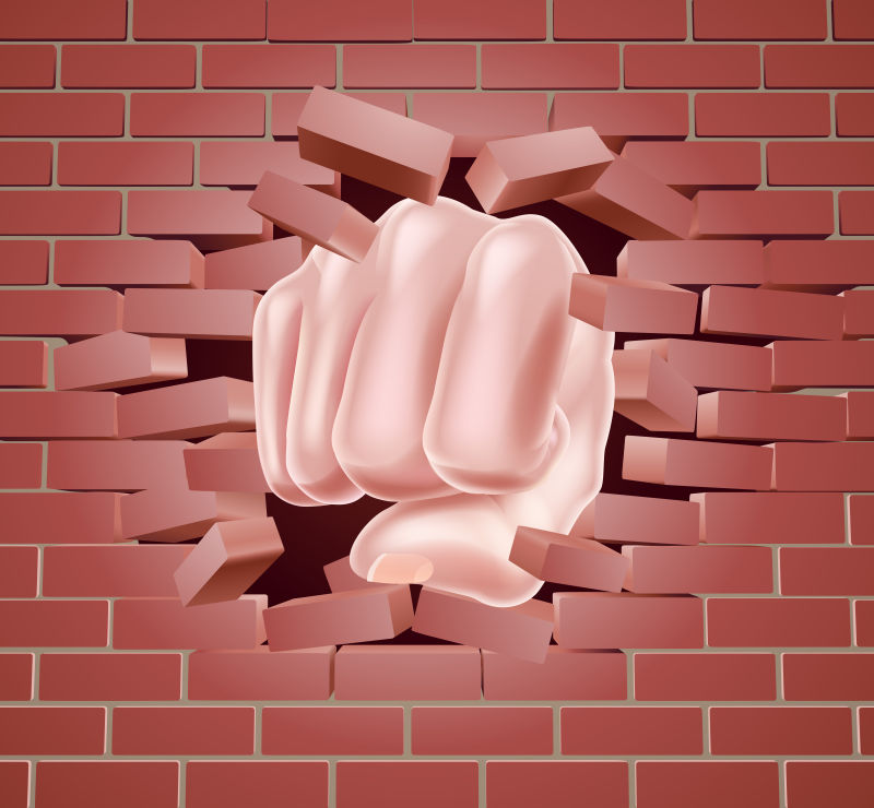 创意矢量冲破砖墙的拳头插图设计