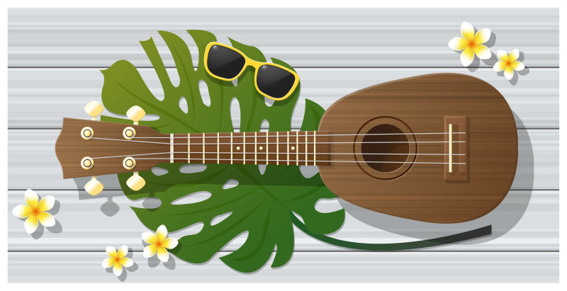 你好-夏季背景-木版上的四弦琴-矢量-插图
