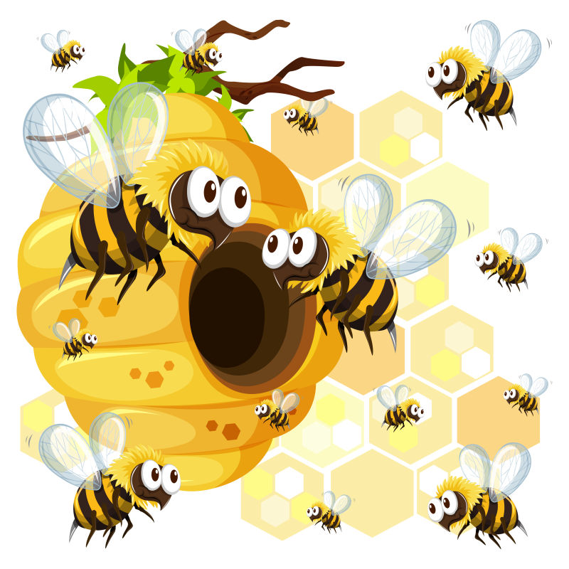 抽象矢量蜂巢附近的蜜蜂插图设计