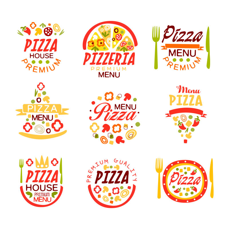 比萨店披萨精品菜单LOGO模板色彩缤纷矢量插图集