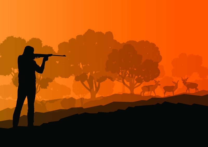抽象矢量现代夕阳下的猎人剪影插图
