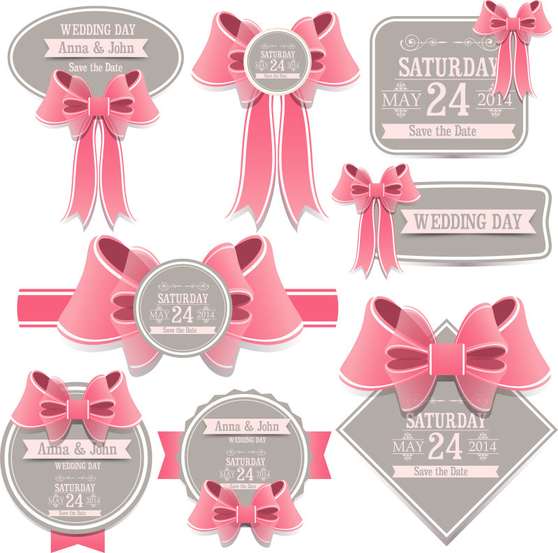 抽象矢量现代粉色蝴蝶结装饰的婚礼卡片设计