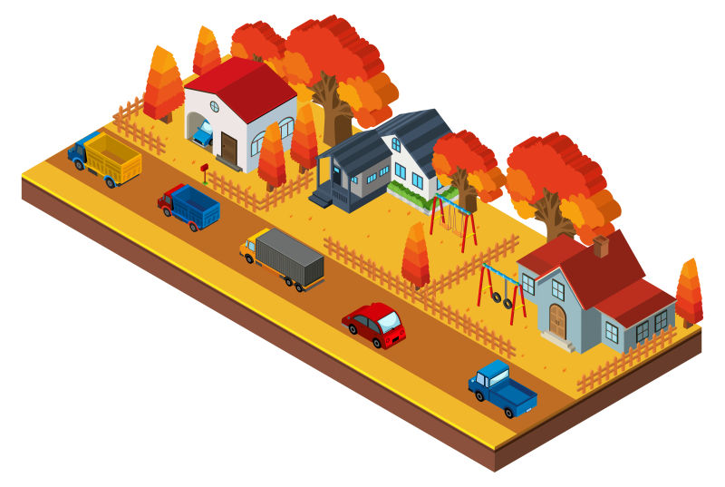 抽象矢量等距的秋季住宅插图