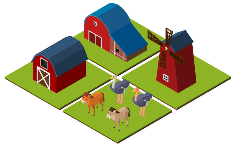 创意矢量现代等距的农牧场设计插图