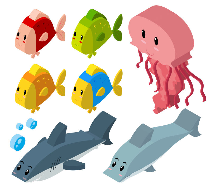抽象矢量现代等距的海洋动物插图设计