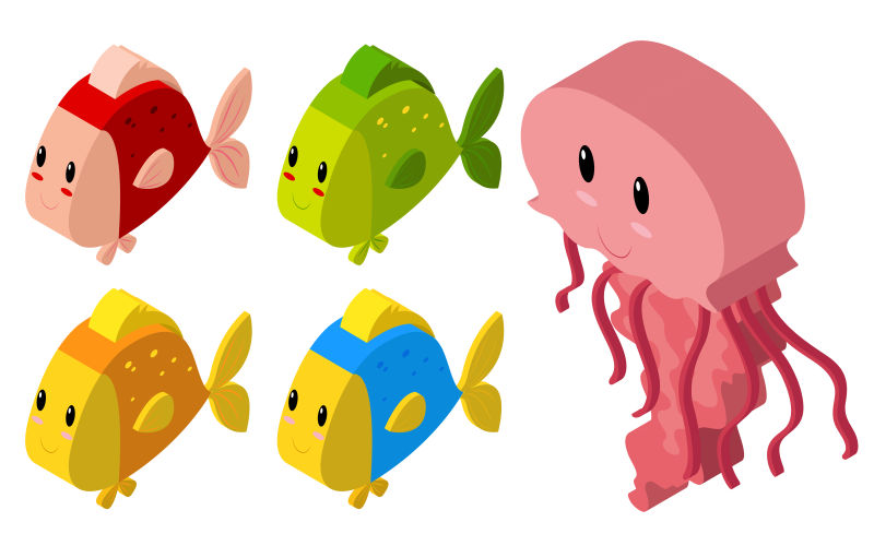 抽象矢量等距的海洋动物创意插图