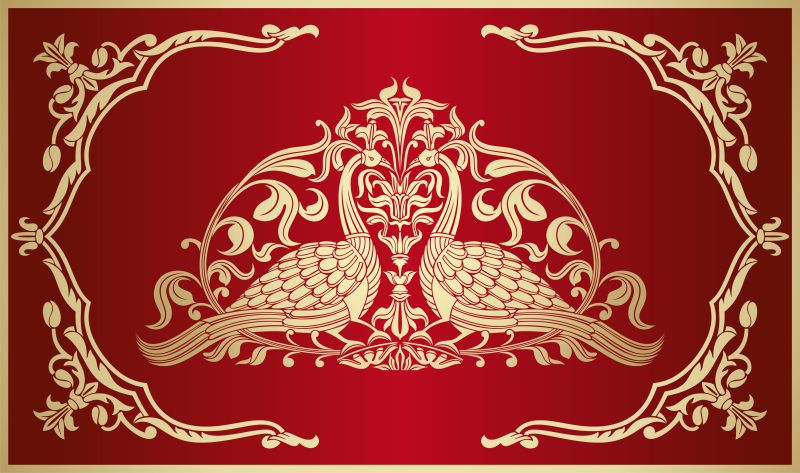 抽象矢量金色孔雀元素装饰的红色插图设计