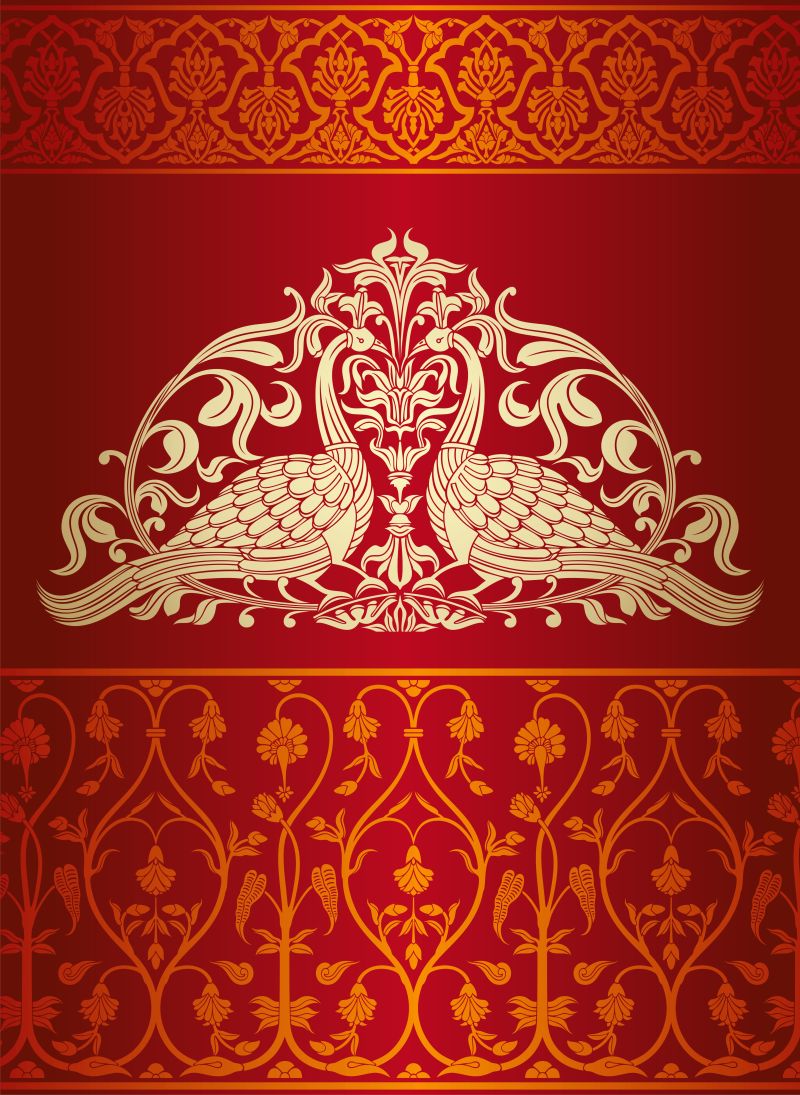 抽象矢量现代红色装饰风格的孔雀插图设计