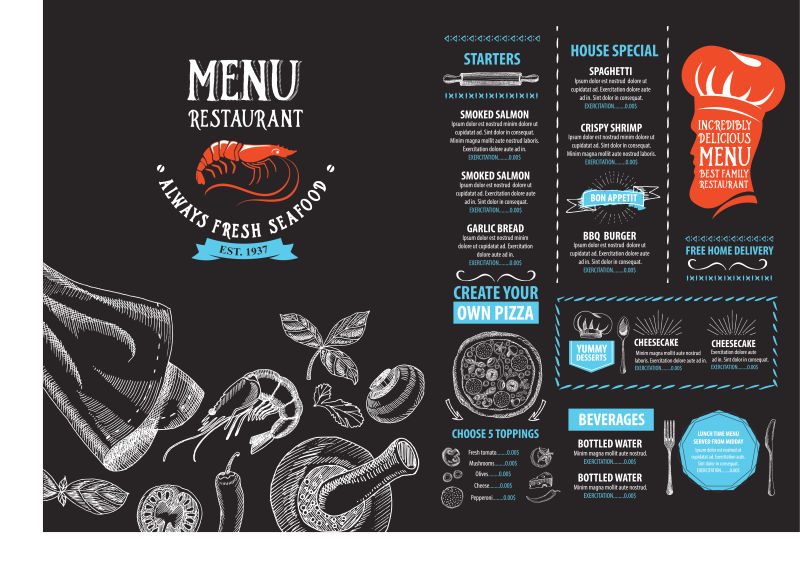 创意矢量现代黑白餐厅菜单设计