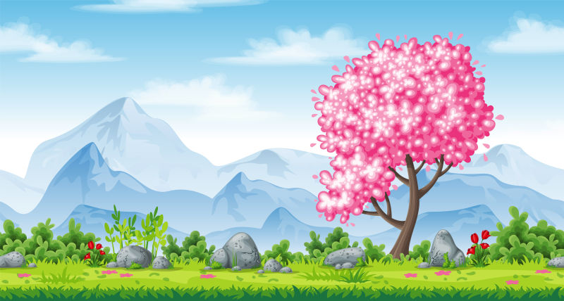 抽象矢量樱花树卡通插图设计
