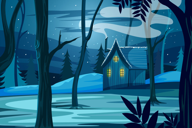 创意矢量现代冬季中的森林小屋插图设计