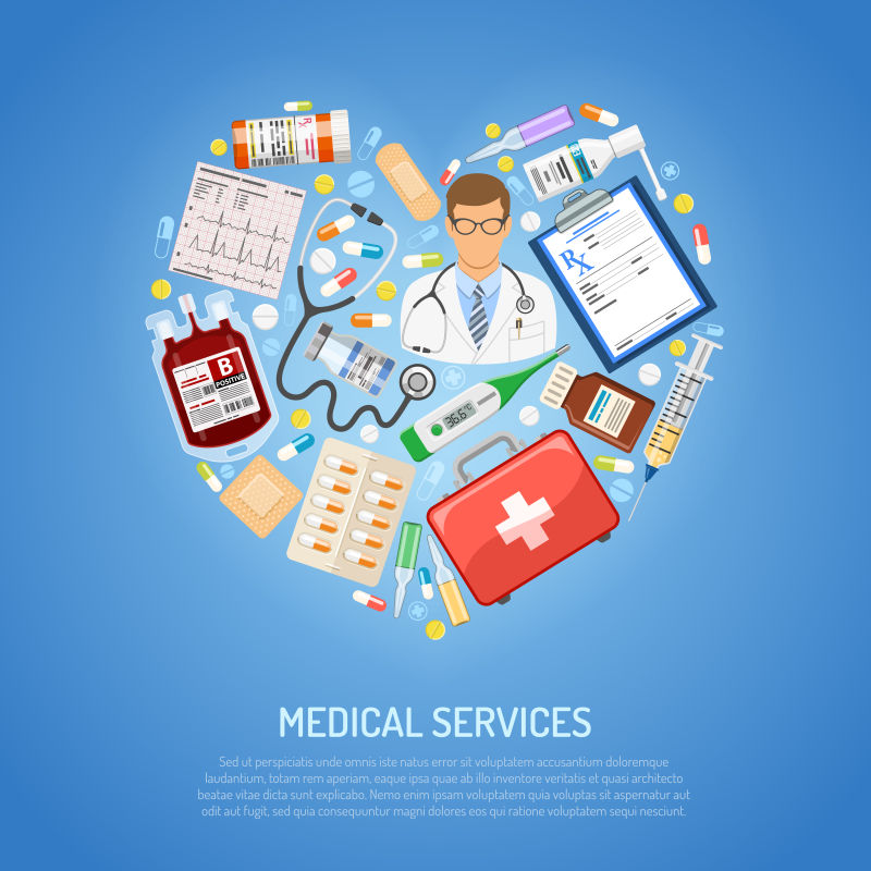 医学和医疗概念-具有扁平图标的心脏形状-如医生-输血-心电图-处方-矢量插图