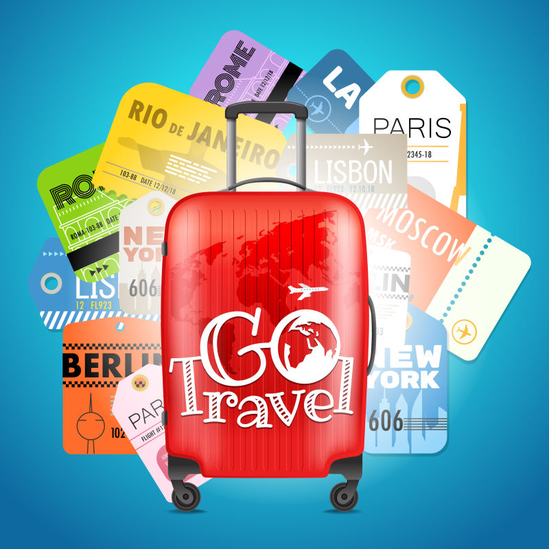 旅游概念不同登机牌的收集与现代旅行袋
