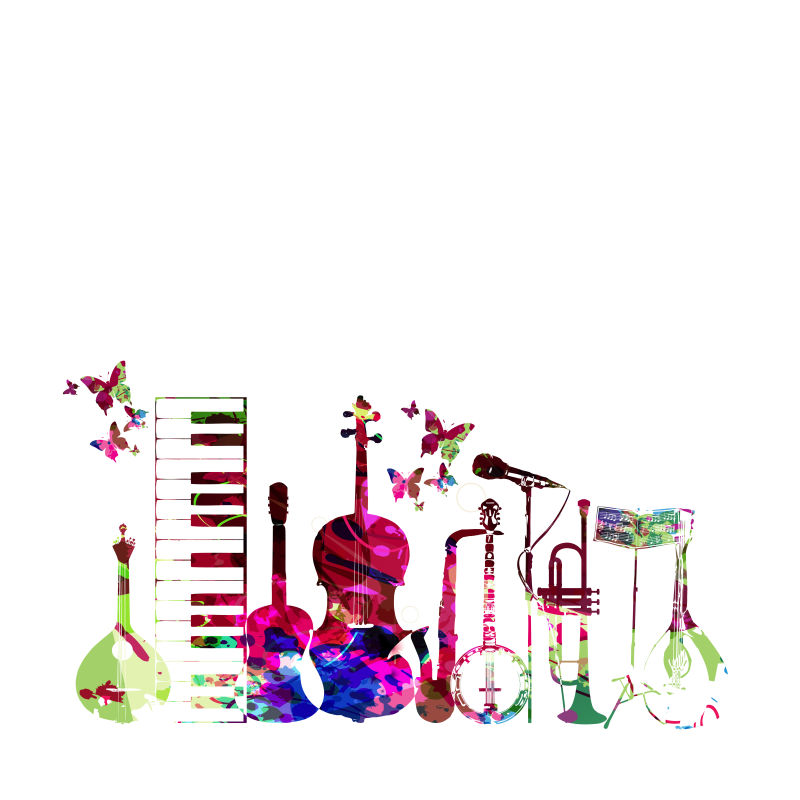 彩色乐器孤立矢量插图钢琴键盘吉他小号麦克风萨克斯大提琴班卓琴葡萄牙传统吉他曼陀林音乐架孤立