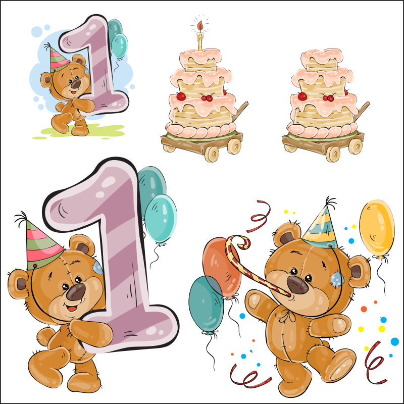 抽象矢量过生日的泰迪熊设计插图