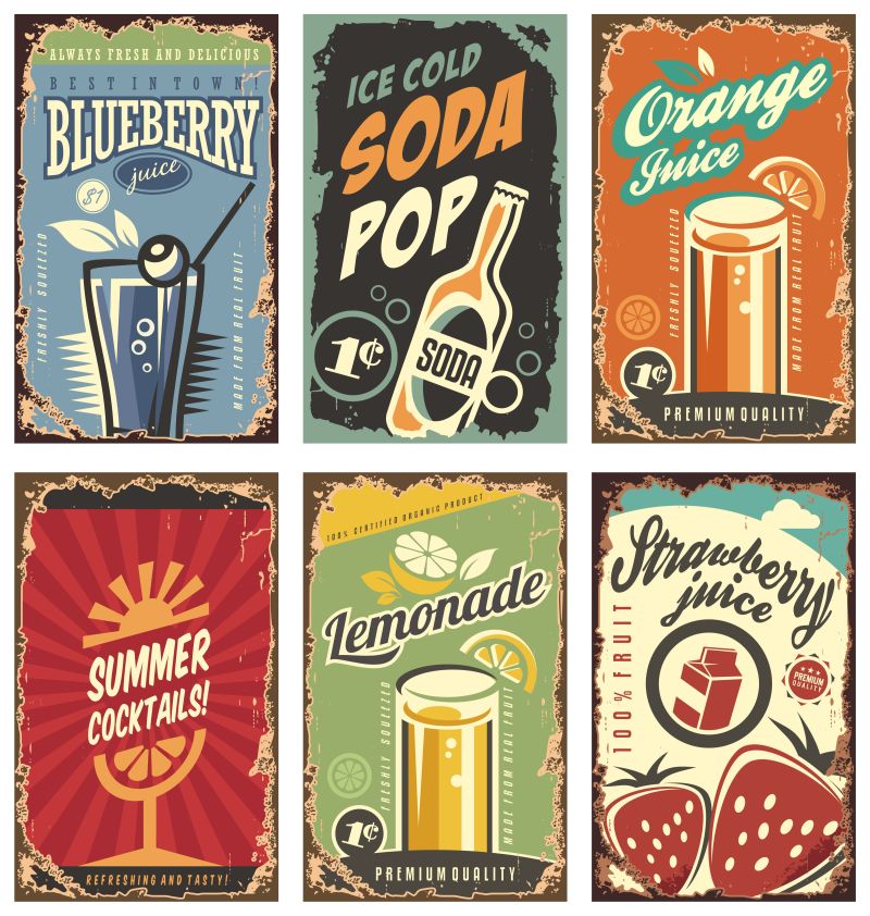带果汁和饮料的复古墙面装饰-陈年锡标志收集与有机水果产品-矢量果汁标志复古风格与排版元素