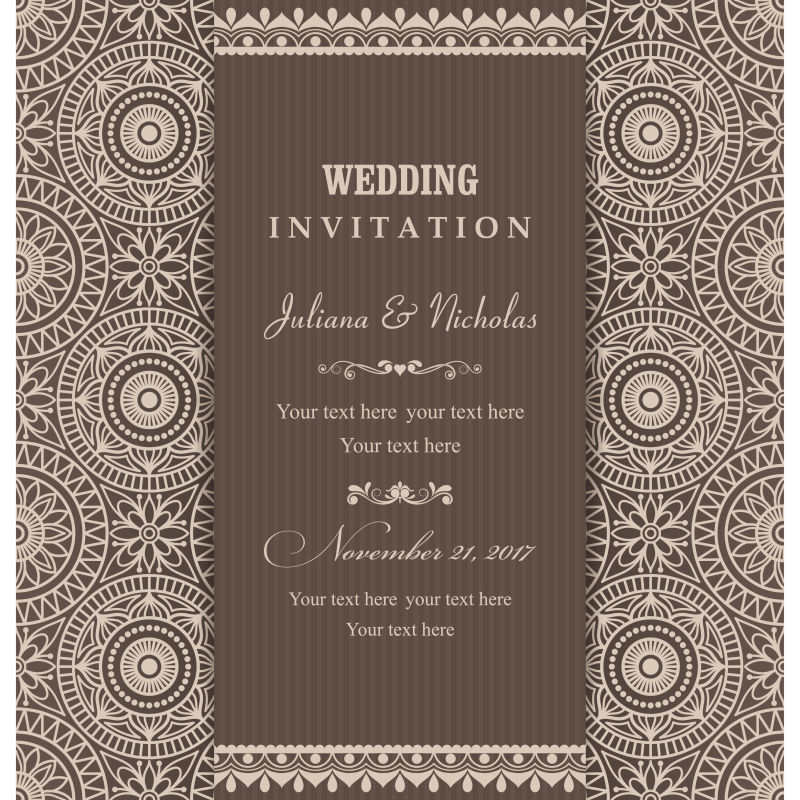 抽象矢量现代棕色装饰风格的婚礼请帖设计