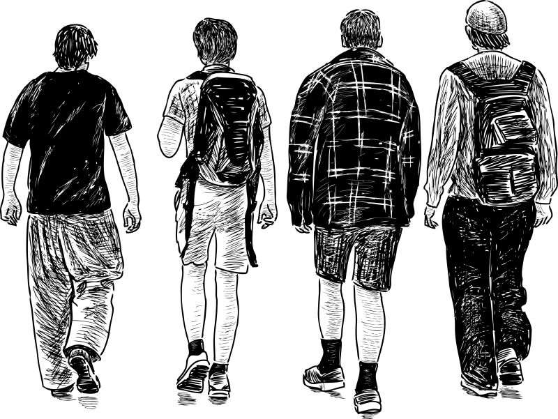 抽象矢量现代素描散步的年轻人插图设计