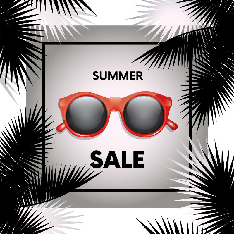 现成的设计-夏季销售-棕榈树枝条和太阳镜-时尚理念-横幅或标志的矢量图