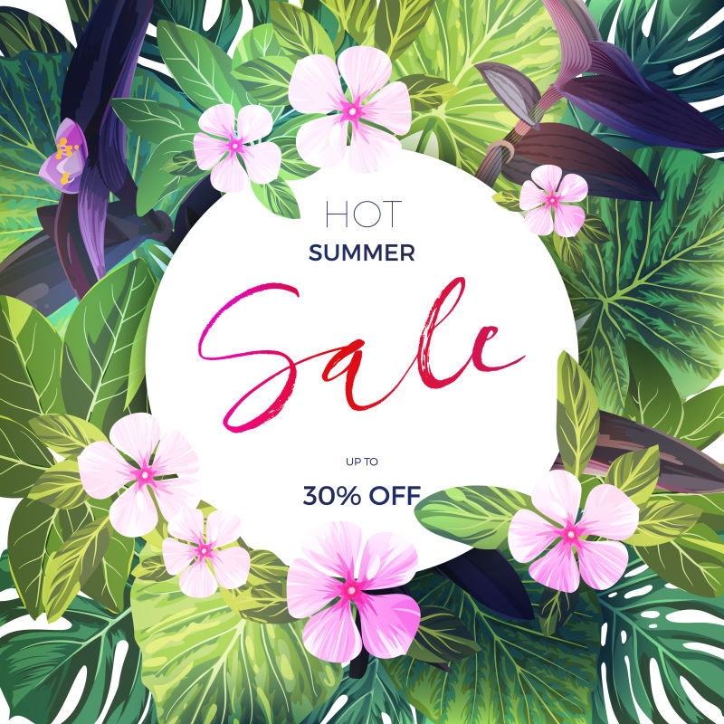 明亮的绿色矢量热带背景与粉红色和紫色的花异国情调的夏季销售横幅设计
