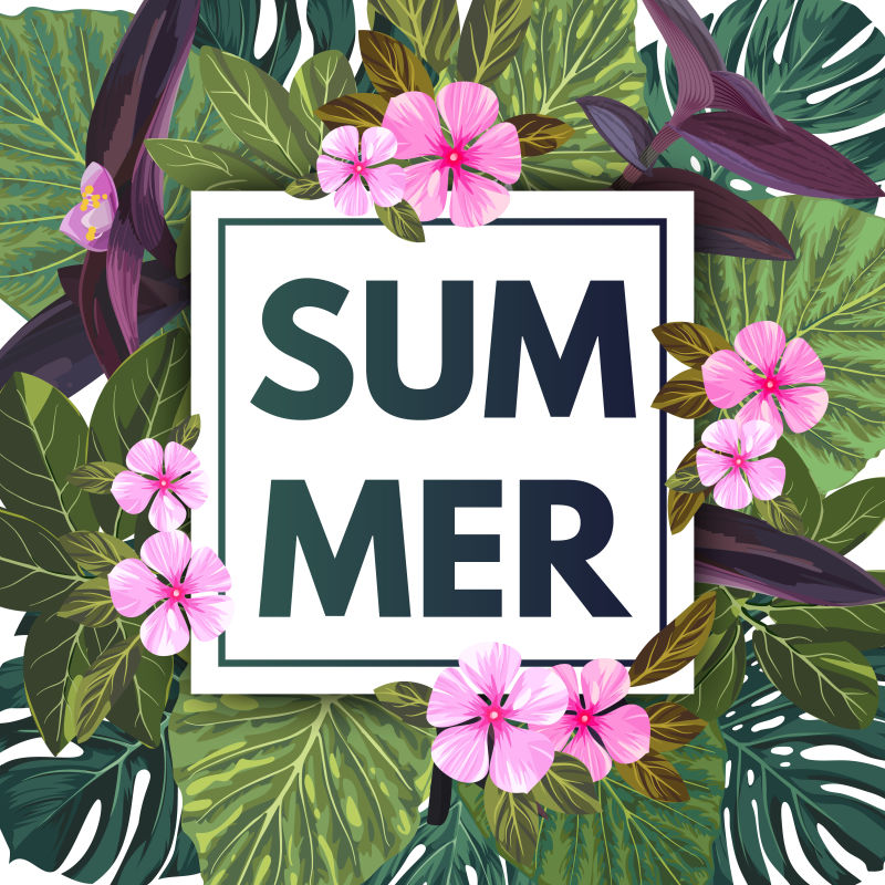 夏季热带背景有异国情调的棕榈叶和粉红色的花丛林载体花卉模板