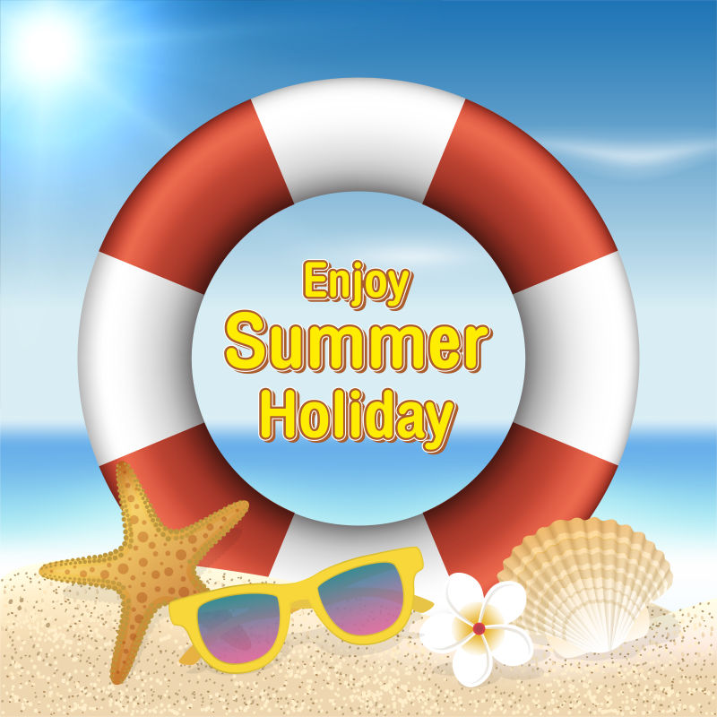 享受暑假背景-沙滩上的救生圈太阳镜海星贝壳和鲜花-季节性假期-周末-矢量图