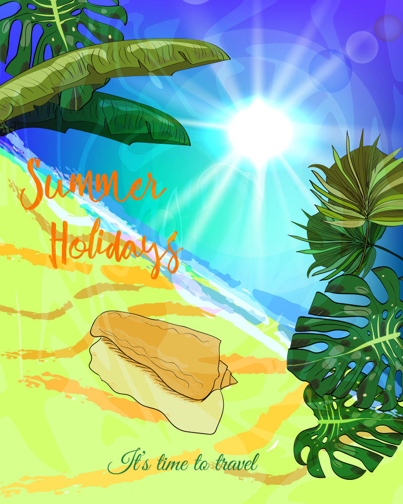 暑假海报热带叶子和贝壳的海滩矢量插图