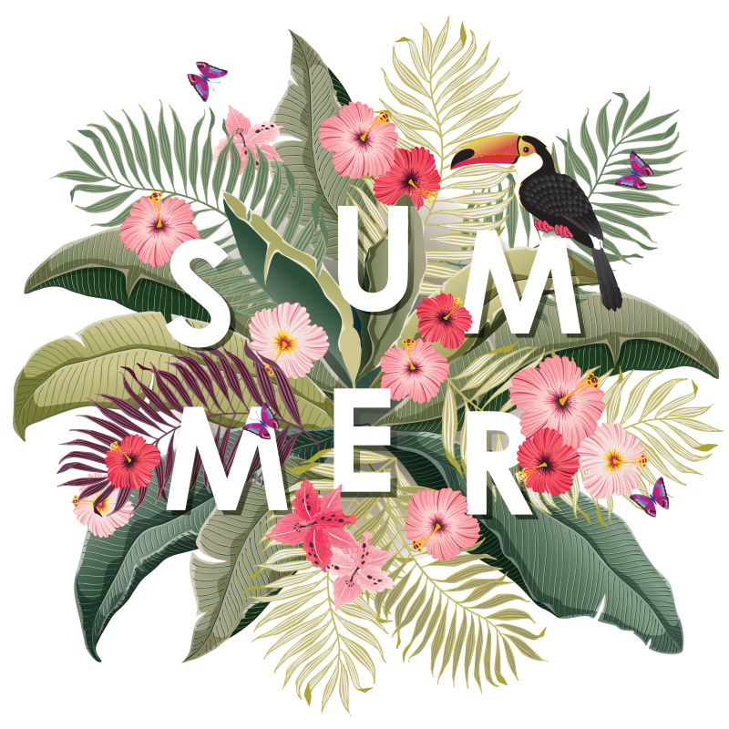 夏季热带花卉的矢量图-用于婚礼周年纪念生日和聚会-横幅海报卡片邀请函和剪贴簿的设计