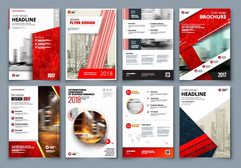 小册子设计-小册子报告目录杂志书籍小册子的红色企业业务模板-具有现代三角形元素和抽象背景的布局-创意向量概念